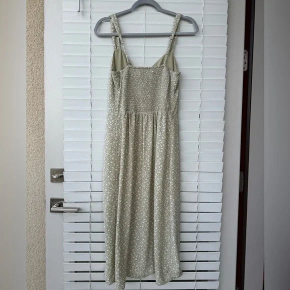 Abercrombie & Fitch Slip Dress M Green Floral Midi Smocked Dainty Slit M Cottage - Picture 10 of 14